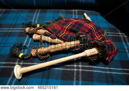 Symbols Of Scotland - Wollen Tartan Textile And Handmade Musical Instrument Bagpipes