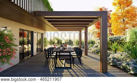 3d Illustration Of A Set Table On The Outdoor Private Garden Patio. Teak Wood Bioclimate Pergola On 