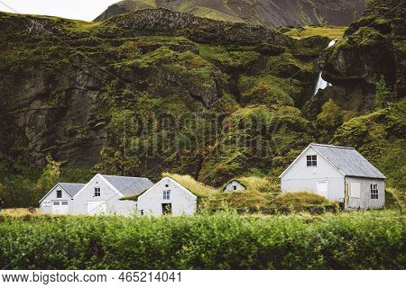 Typical View Of Turf-top Houses In Icelandic Countryside