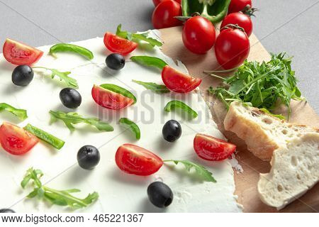 A Board Of Butter Or Cream Cheese On A Wooden Board. Appetizer. Top View. Butter Board Food Trend, C