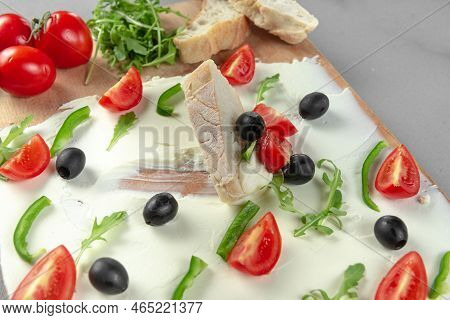 A Board Of Butter Or Cream Cheese On A Wooden Board. Appetizer. Top View. Butter Board Food Trend, C