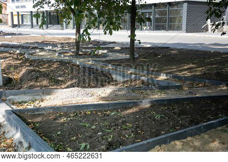 Construction Of A Park Path. Borders Along The Park Path, Drip Irrigation System For Irrigating The 