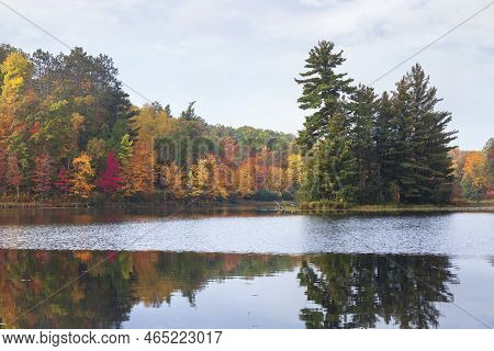 Trees In Autumn Color On A Lake With A Small Island On An Overcast Morning