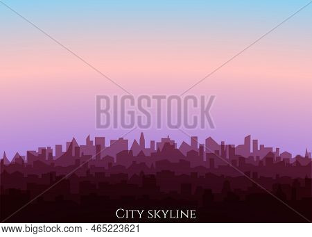 Cityscape With Sunrise. Morning Landscape Of Modern City Silhouettes. Vector Cityline Background