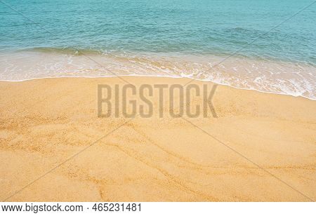Sand Beach And Blue Ocean With Soft Wave Form On Sand Texture, Seaside View Of Brown Beach Sand Dune