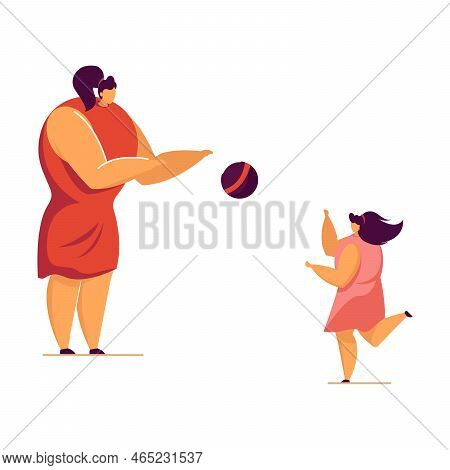 Child And Mom Having Fun On Beach. Child Playing With Ball Flat Vector Illustration. Summer, Childho