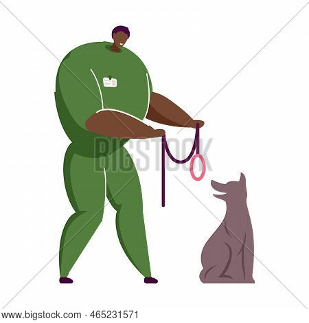 Cartoon Veterinarian In Animal Shelter. Flat Vector Illustration. Volunteer Taking Care About Animal