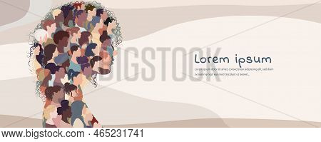 Profile Silhouette Group Of Many Multicultural Women And Girls Forming A Woman Head In Profile. Empo
