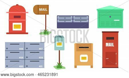 Set Of Colorful Mailboxes In Cartoon Style. Vector Illustration Of Wooden And Iron Mailboxes On Whit