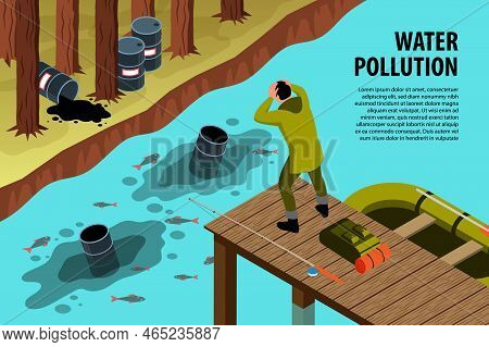 Isometric Environmental Pollution Horizontal Background With Editable Text And Well Stocked River Po