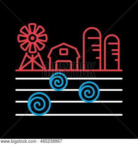 Farm Landscape With Barn, Windpump, Haystack And Granary On Black Background Icon. Agriculture Sign.