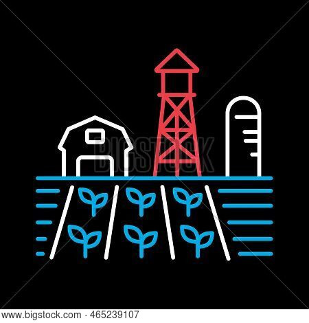 Farm Landscape With Barn, Windpump, Seedling And Water Tower Vector On Black Background Icon. Agricu