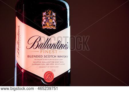 Ballantines Whiskey Bottle With Colorful Lights Background In Bar. Ballantines Concept. Whiskey Conc