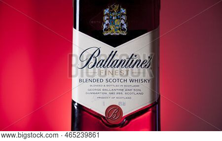 Ballantines Whiskey Bottle With Colorful Lights Background In Bar. Ballantines Concept. Whiskey Conc