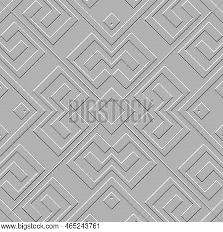Emboss Greek 3d Seamless Pattern. Embossed Relief White Background. Greek Key Meanders Surface Geome