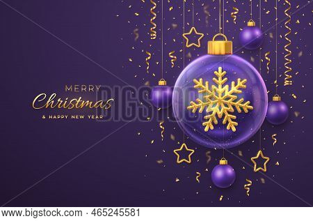 Merry Christmas Greeting Card. Golden Shining 3d Snowflake In A Glass Bauble. Christmas Purple Backg