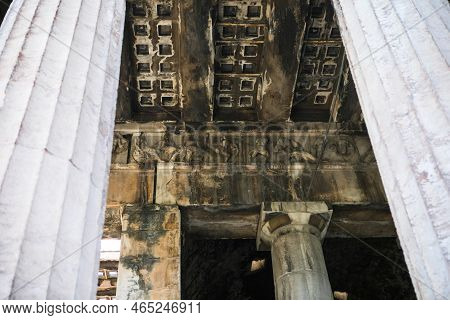 Temple Of Hephaestus In Athens, Greece. Sunny View Of Ancient Greek Ruins In The Athens Center. The 