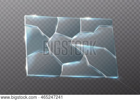 3d Realistic Vector. Cracked Glass Transparent Plate With Shuny Sparkles.