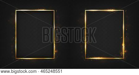 Vector Illustration Gold Frame Rectangular With Flaire And Shiny Sparkles. Isolated On Transparent B