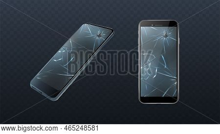 3d Realistic Vector Icon Set.two Views Side And Front View Of Broken Phone. Repair Service Applience