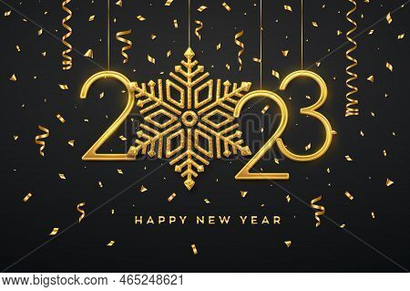 Happy New 2023 Year. Hanging Golden Metallic Numbers 2023 With Shining Snowflake And Confetti On Bla