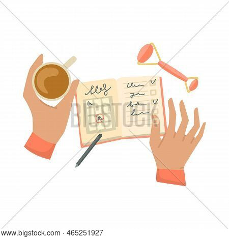 Hands Of Person With Planner Or Organizer Vector Illustration. Arms Of Worker Or Student With Coffee