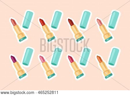 Lipstick Sticker Set. Vector Illustrations Of Rouge In Different Shades Of Red. Cartoon Makeup Beaut