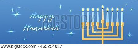 Happy Hanukkah Web Banner. Vector Horizontal Illustration With Traditional Jewish Religious Holiday 