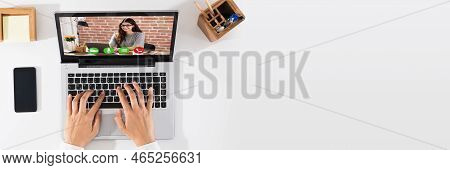 Woman Video Conferencing On Laptop. Videoconferencing Call