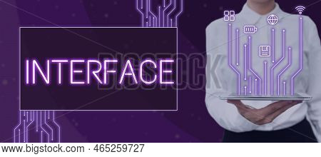 Hand Writing Sign Interface. Word Written On Point Of Meeting And Communicating Between Two Structur