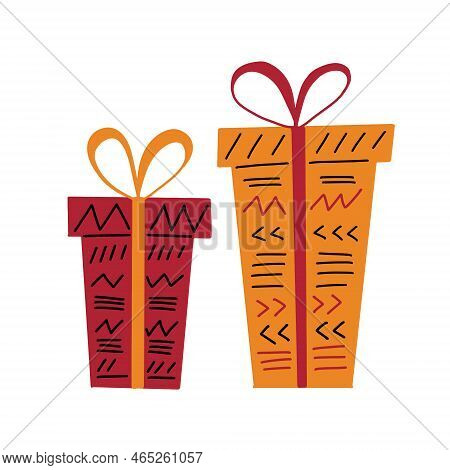 2 Gift Boxes In Simple Hand Drawn Style Decorated With Ribbon, Bow, Paper With Tribal Ethnic Ornamen