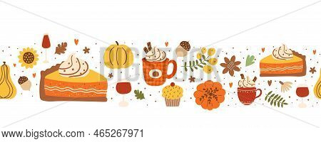 Fall Pumpkin Pie Slice And Pumpkin Spice Latte Seamless Horizontal Border Decorated Fall Leaves, Flo