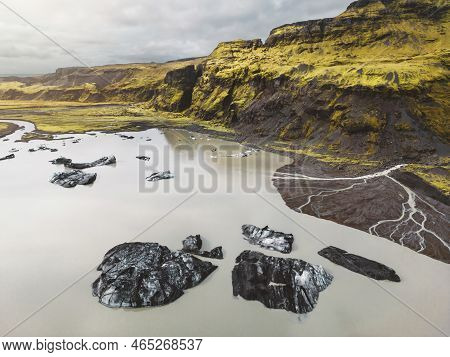 Glacier Landscape, With Glacier Lake And Icebergs, Drone Shot