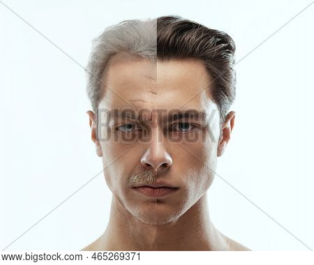 Mans Portrait In Comparison Youth And Maturity, Old Age. Skin Aging Process, Wrinkles. Plastic Surge