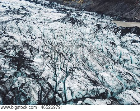 Melting Vatnajokull Glacier In Iceland, Top Down View, Glacier Crevasses