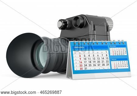 Desk Calendar With Night Vision Monocular, 3d Rendering Isolated On White Background