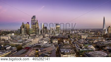 Wide Panoramic View Of The Coroporate Skyscrapers At The City Of London