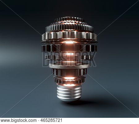 A Lightbulb Concept Made From Metal Cogwheels And A Central Neon Illuminated Lgiht Symbolising Imagi