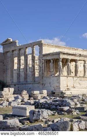 Erechtheion, Temple Of Athena Polias On Acropolis Of Athens, Greece. View Of The Porch Of The Maiden