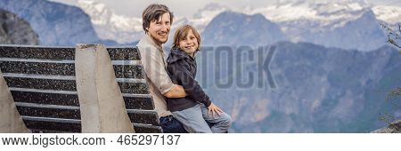 Banner, Long Format Father And Son Tourists On Background Of Breathtaking Panoramic View Of The Grlo