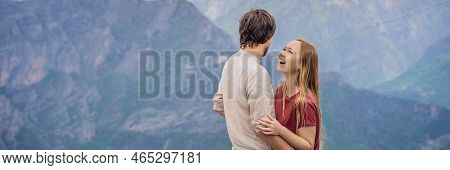 Banner, Long Format Man And Woman Happy Couple Tourists On Background Of Breathtaking Panoramic View