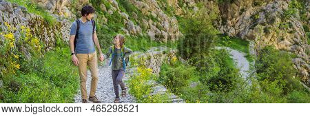 Family Travel - Father And Son Hiking In Mountains Of Montenegro, Kotor Banner, Long Format