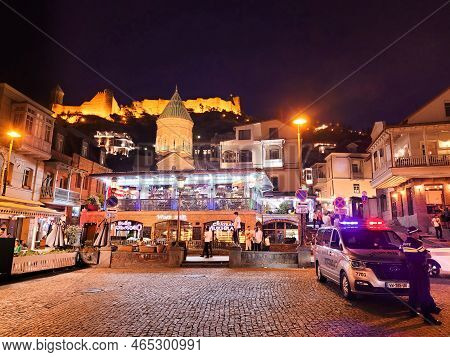 Tbilisi, Georgia - 07 23 2022: Night View Across Vakhtang Gorgasali Square With Restaurants And Hote