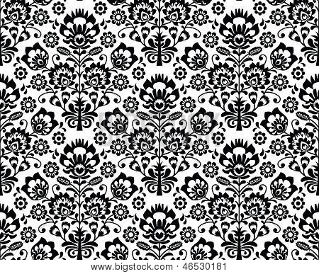 Inconsútil polaco floral patrón - origen étnico en blanco y negro
