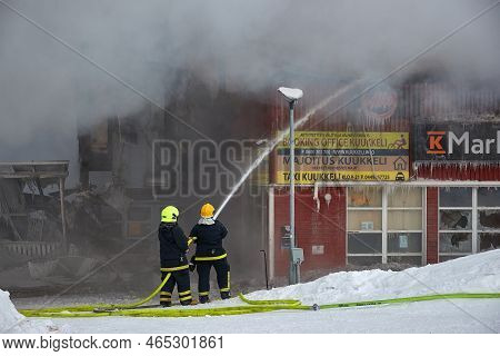 Saariselka, Finland - Circa 2022: Burning Down Of Shopping Center Kuukkeli In Finnish Lapland. Firef