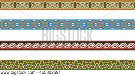 Vector Set Of Seamless Colored Border Ornaments. Native American Tribal Framework.