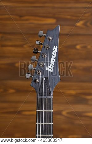 Budapest, Hungary - Circa 2022: Ibanez Rg Series Electric Guitar Headstock Close Up