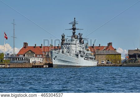 Copenhagen, Denmark - Circa 2018: Port Are Quay In Copenhagen With Naval Warships And Old Buildings.