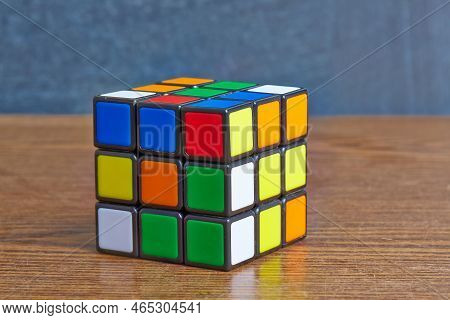 Budapest, Hungary - May 1, 2016: Unsolved Rubiks Cube Logic Game On White Studio Background