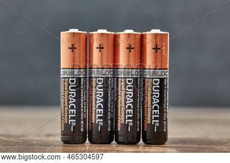 Budapest, Hungary - Circa 2019: Four Aaa Sized Duracell Batteries